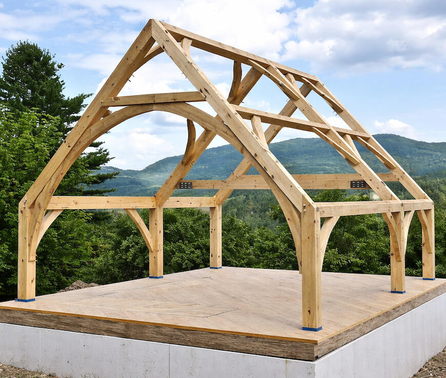 Custom timber frame home with curves and in collaboration with esteemed architect skip dewhirst