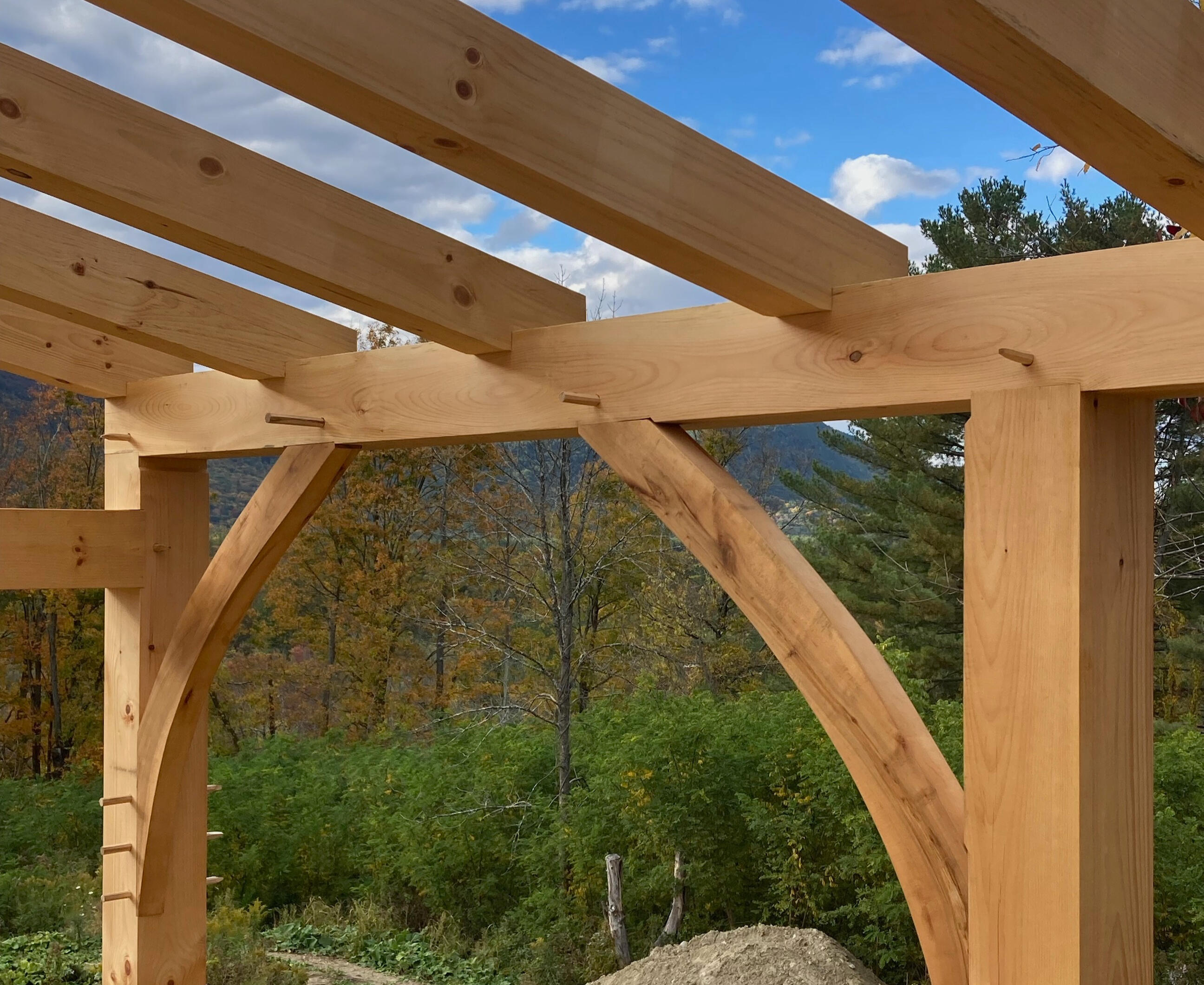 Curved Fork Post Interior of custom timber frame home in the Berkshires with natural curved braces and rafters